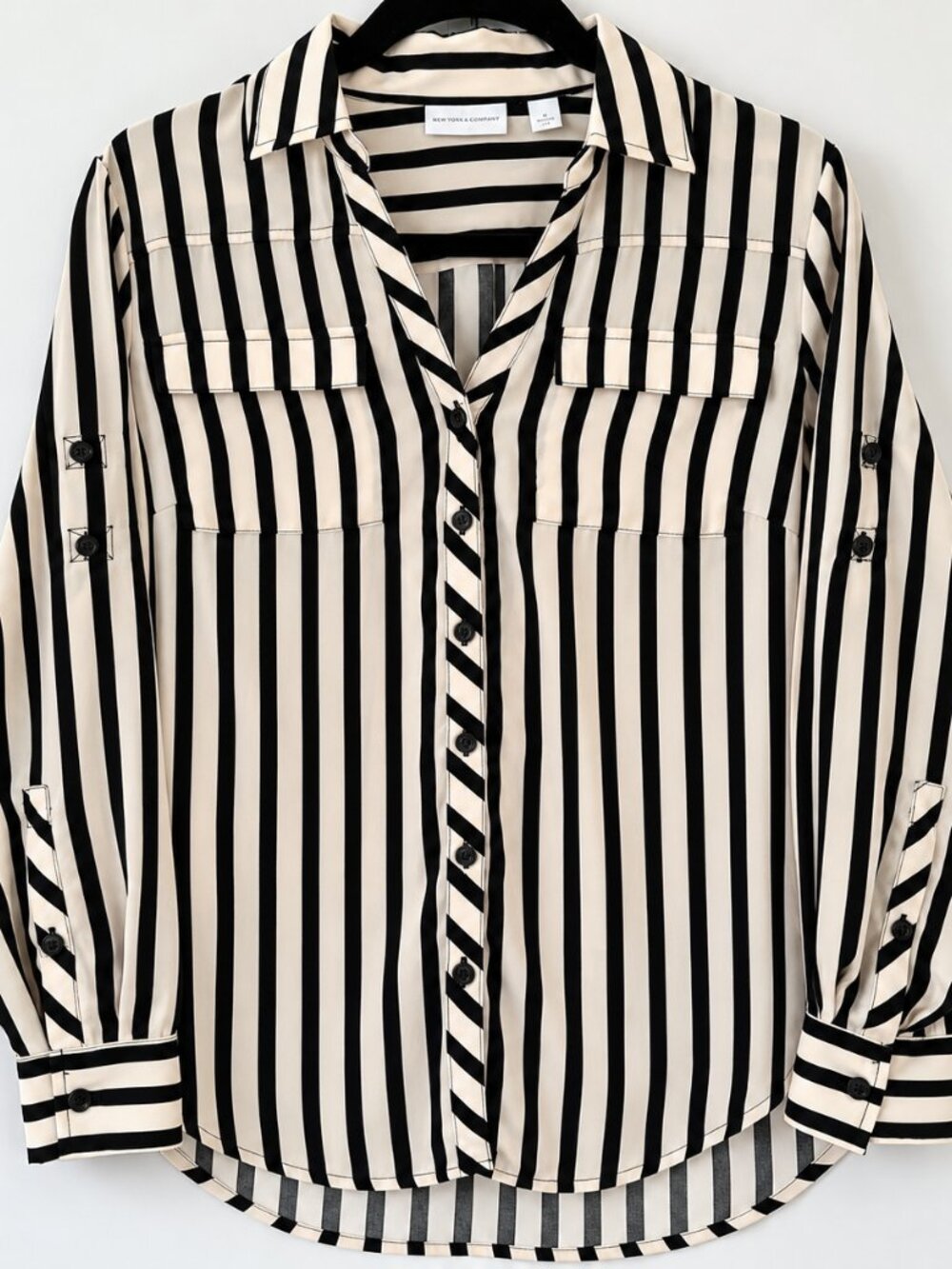 New York & Co Cream Black Stripe Semi Sheer Button Up Blouse Roll Tab Medium